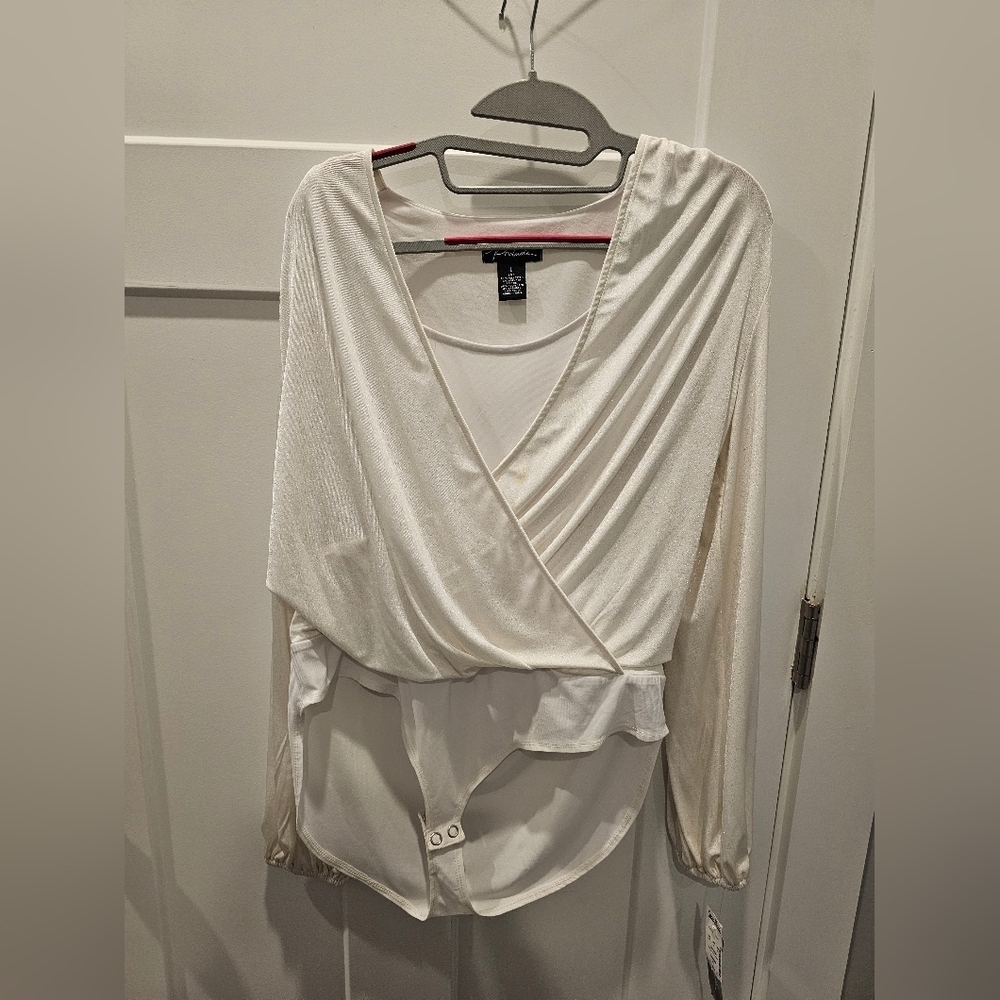 Prelude NWT Women’s Wrap Bodysuit Blouse Taupe Silver Size L Surplice Long Sleev